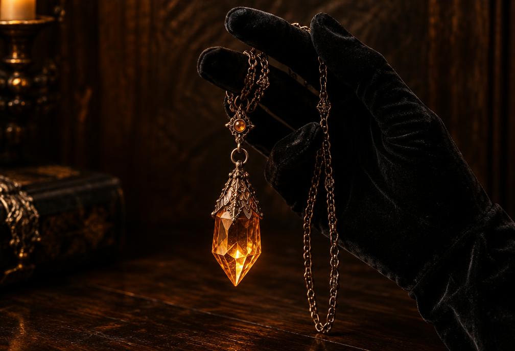 A glowing amber crystal pendant