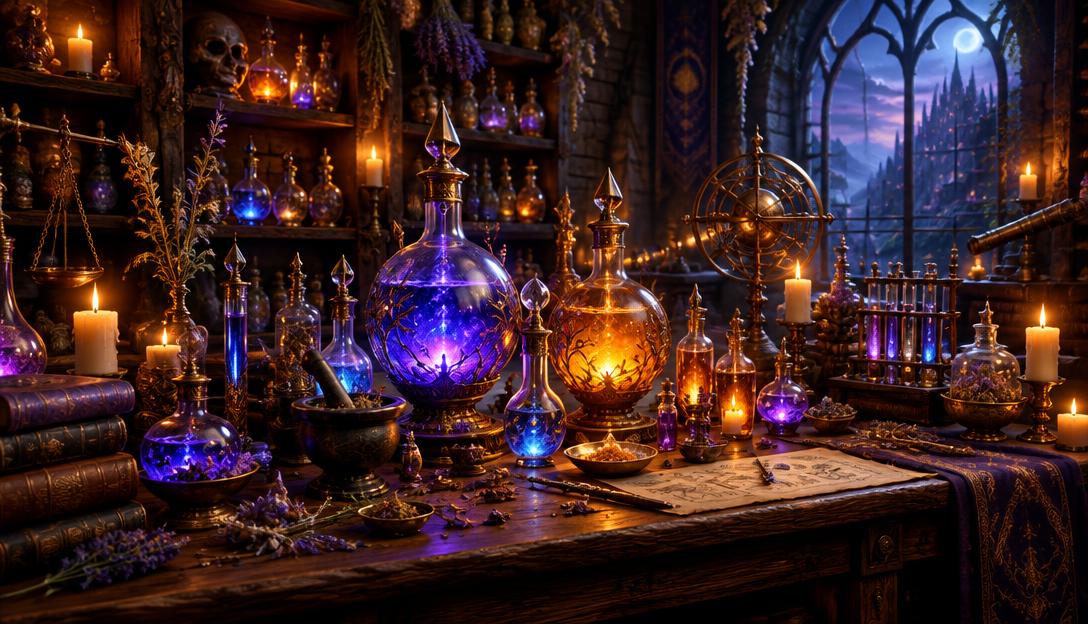 Glowing bottles in an enchanting alchemist workshop