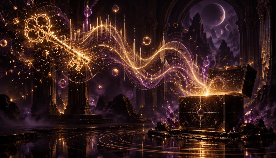 Glowing golden sound waves flowing through darkness