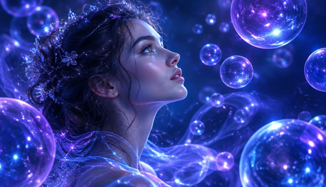A dreamlike portrait surrounded by luminous bubbles